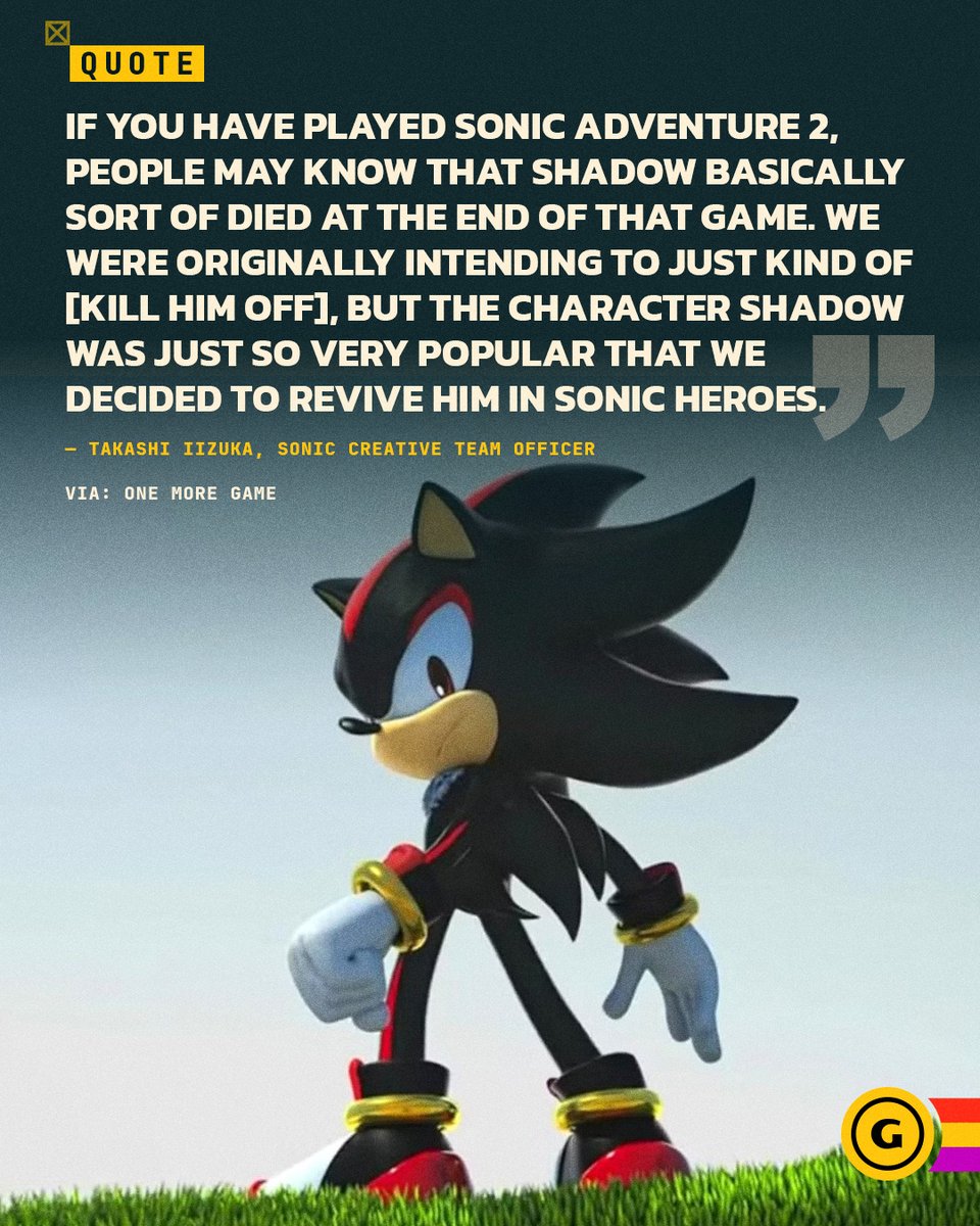 GameSpot's tweet photo. Takashi Iizuka revealed that Sega never intended to keep Shadow around after Sonic Adventure 2 but did so after seeing his popularity 🖤 https://t.co/55JAULRkdF