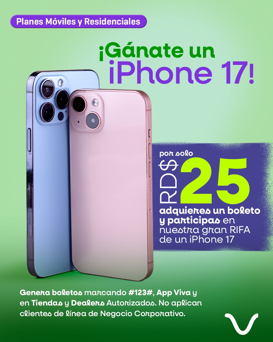 Viva_RD's tweet photo. ¡𝐆á𝐧𝐚𝐭𝐞 𝐮𝐧 𝐢𝐏𝐡𝐨𝐧𝐞 𝟏𝟕 𝐏𝐫𝐨 𝐌𝐚𝐱 📱!
Participa en nuestra gran rifa. Recibe boletos con tus recargas 𝐝𝐞𝐬𝐝𝐞 𝐑𝐃$𝟏𝟎𝟎 o adquiérelos por 𝐑𝐃$𝟐𝟓 marcando #123#, en tiendas y dealers autorizados. 🙌
#Viva #VivaRD #GanateUnIphone #Concurso #PlanesMoviles https://t.co/kLe3xKC5sr
