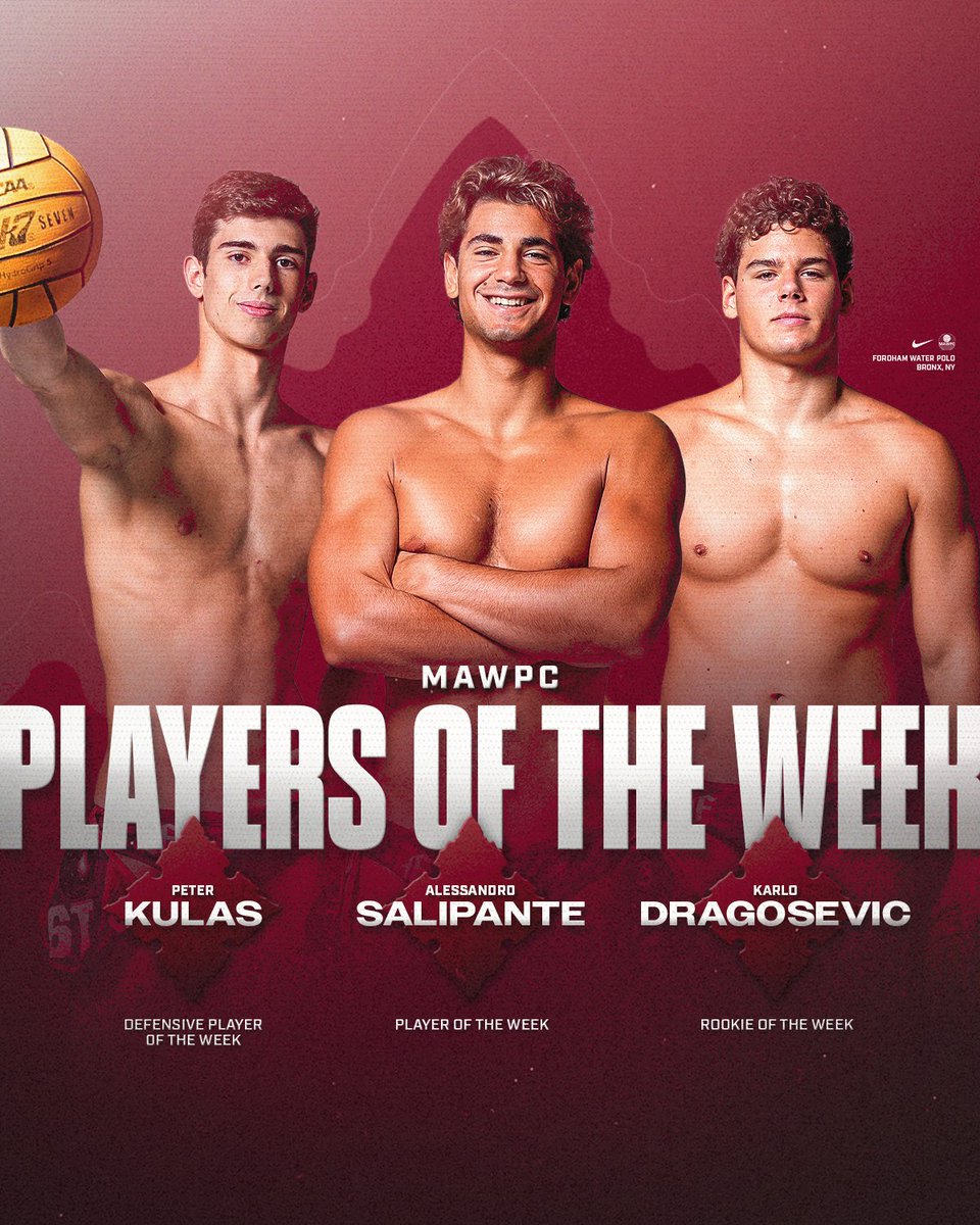FordhamPolo's tweet photo. Congratulations to Peter Kulas, Alessandro Salipante, and Karlo Dragosevic on their MAWPC Players of the Week‼️🔥

#fordhamwaterpolo #playersoftheweek https://t.co/GJOwpfXzx7