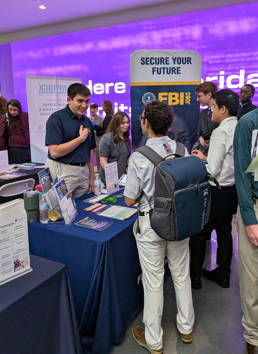 FBITampa's tweet photo. We enjoyed meeting everyone today who stopped by our table at Florida Polytechnic University's Fall 2026 Career Fair. Tomorrow, we'll be in Melbourne at Florida Tech's All Majors Career Fair. It's from 12p-4p at the Clemente Center.  We're ready to answer all your questions about a rewarding career with the FBI. #FBIJobs