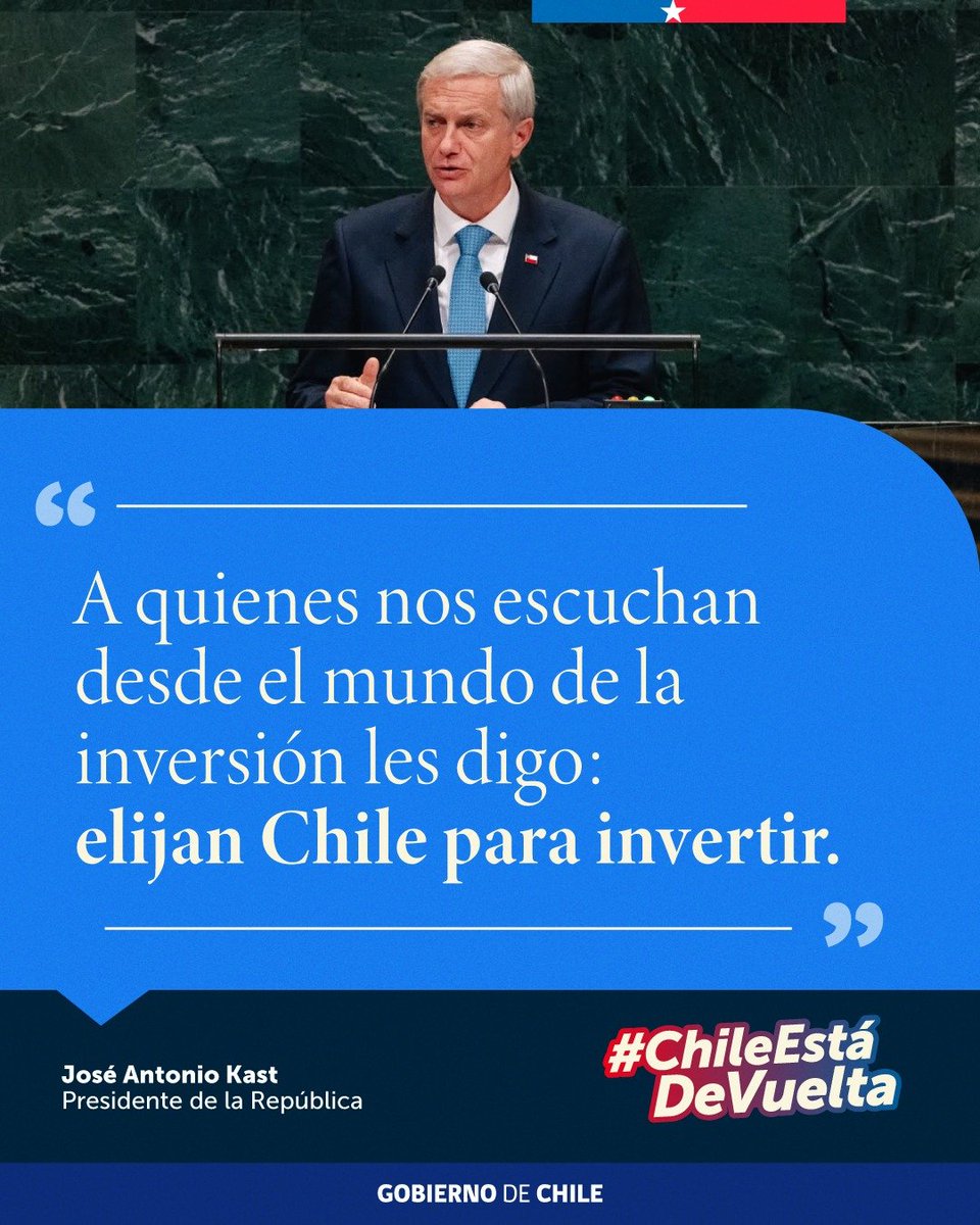 agustinromerole's tweet photo. Desde la ONU, el Presidente @josentoniokast puso a Chile nuevamente en el mapa con una señal clara al mundo: queremos inversión, queremos crecimiento y queremos oportunidades para los chilenos.
#ChileEstáDeVuelta 🇨🇱 https://t.co/NJbqImrRwg