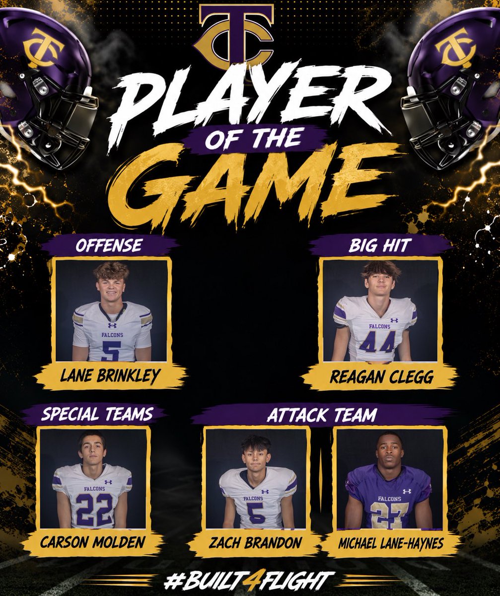 TCHSFootball's tweet photo. 🔥 PLAYERS OF THE GAME 🔥

What a performance from these Falcons! 🦅💜💛

🏈 Offense — Lane Brinkley
💥 Big Hit — Reagan Clegg
⚡ Special Teams — Carson Molden
🚀 Attack Team — Zach Brandon &amp; Michael Lane-Haynes

Keep flying, Falcons! ✈️

#Built4Flight #LetsEAT #LFG #TXHSFB https://t.co/WKVQLXYWXY