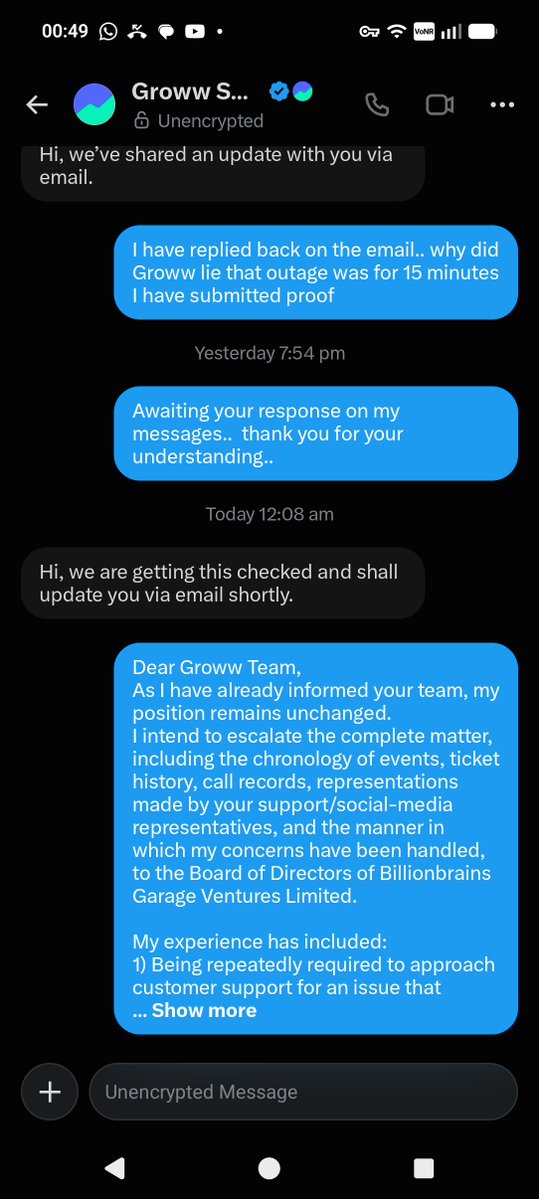 Learn_frm_life's tweet photo. @groww_cs I’ve already shared my reply via DM and am posting the screenshot here for reference.
Also tagging your CEO @lkeshre although, given that I’m apparently not a “privileged customer,” I’m keeping my expectations appropriately low. @_groww https://t.co/c5bXGI6Z0r