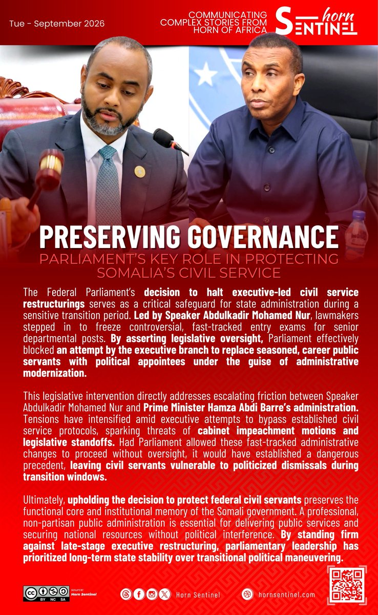 HornSentinel's tweet photo. Federal Parliament leadership under Speaker @Amohamednur moves to protect career civil servants, halting @SomaliPM-led recruitment restructurings ahead of the transition period. #Somalia https://t.co/XKukOzrY7Z