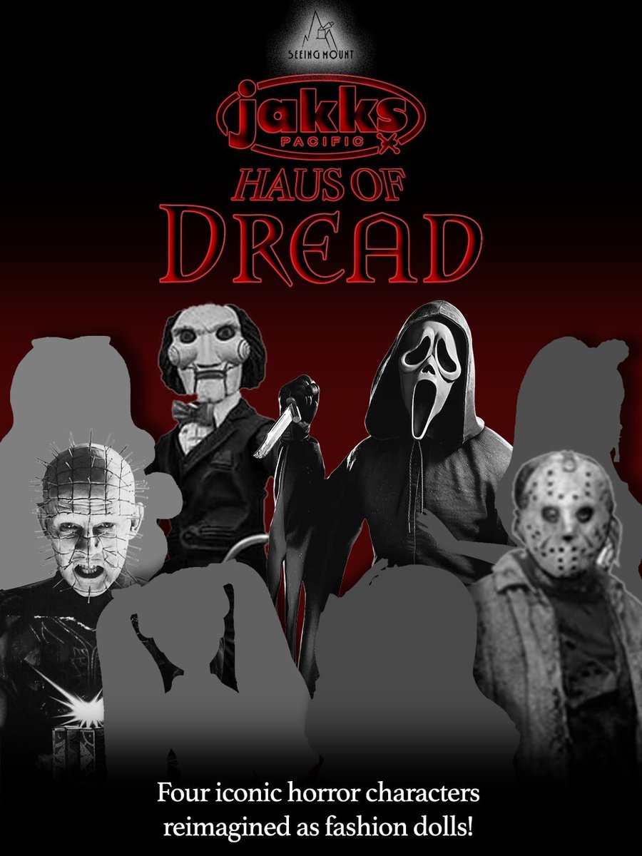 SeeingMount's tweet photo. The Jakks Pacific Haus of Dread line launches soon!

Four horror icons will be reimagined into fashion dolls

Things to note before the launch:
-Ghostface will receive a mini-doll bag charm release featuring a bedazzled mask
-Pinhead *may* not be the Hellraiser character chosen for this line, may be someone else
-You will able to find these dolls online and in-store at Walmart
-These are SEPARATE from the existing WB Collector Doll line so they *may* look different