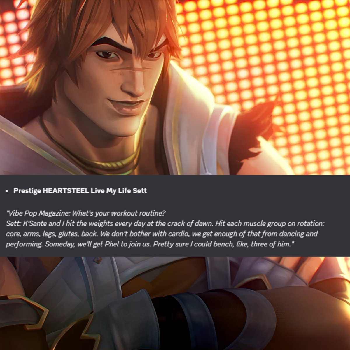 settphelarchive's tweet photo. APHELIOS IS MENTIONED ON SETT BIO:

"Someday we'll get Phel to join us at the gym. Pretty sure I could bench, like, three of him" https://t.co/qdvbl4Tt9y