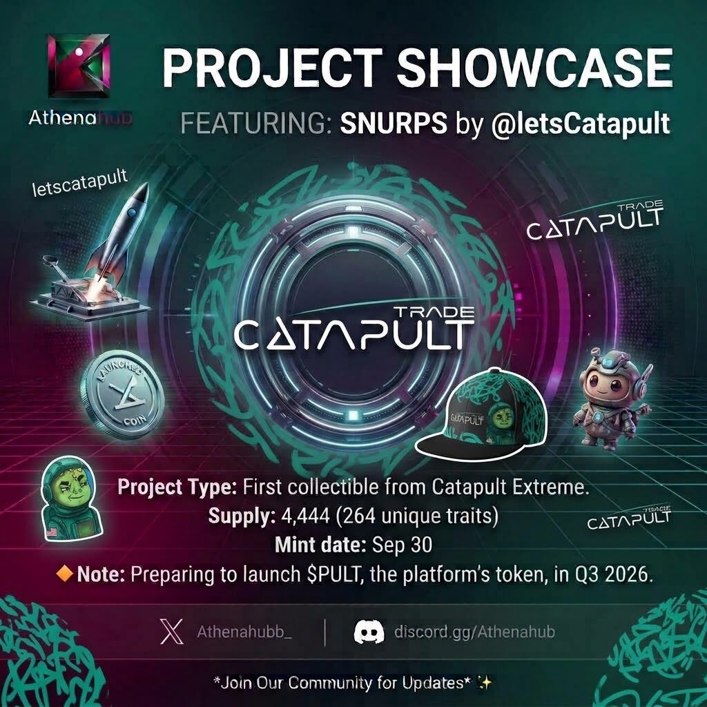 athenahubb_'s tweet photo. Athenahubb Project Showcase: @letsCatapult 

One of the upcoming collections worth watching is SNURPS, the first collectible from the Catapult Extreme ecosystem.

With a supply of 4,444 NFTs featuring 264 unique traits, 
SNURPS is more than just a standalone collection it's designed as an entry point into the broader Catapult ecosystem.

The team has shared plans to launch $PULT, the ecosystem token, and SNURPS holders are expected to receive exclusive benefits as the ecosystem expands. Catapult has also announced $6.6M in funding raised across its Seed, Private, KOL, and Early Public rounds, making it one of the more closely watched projects in the space.

Collection Details
• Supply: 4,444 NFTs
• Traits: 264 Unique Traits
• Mint Date: September 30

If you're looking for an early whitelist opportunity, it's worth applying as soon as possible since applications are open for a limited time.

Cm : @vivekdoteth @pixonme_ 

🔗 Apply: https://t.co/ZOIopn9UAk
🎟️ Code: `4444`

Follow @letsCatapult and @Athenahubb_ for more ecosystem highlights, community discoveries, and projects worth watching.