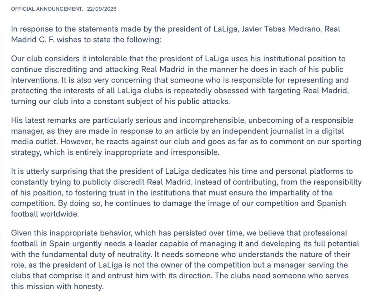 linesmanfc's tweet photo. Real Madrid have once again called out for Tebas to be removed as La Liga President😭

This comes after he dismissed Real Madrid's claims of refreeing bias in their 2-1 loss against Atletico Madrid.

Interesting to see where this beef goes😂 https://t.co/neCRdlT9dh