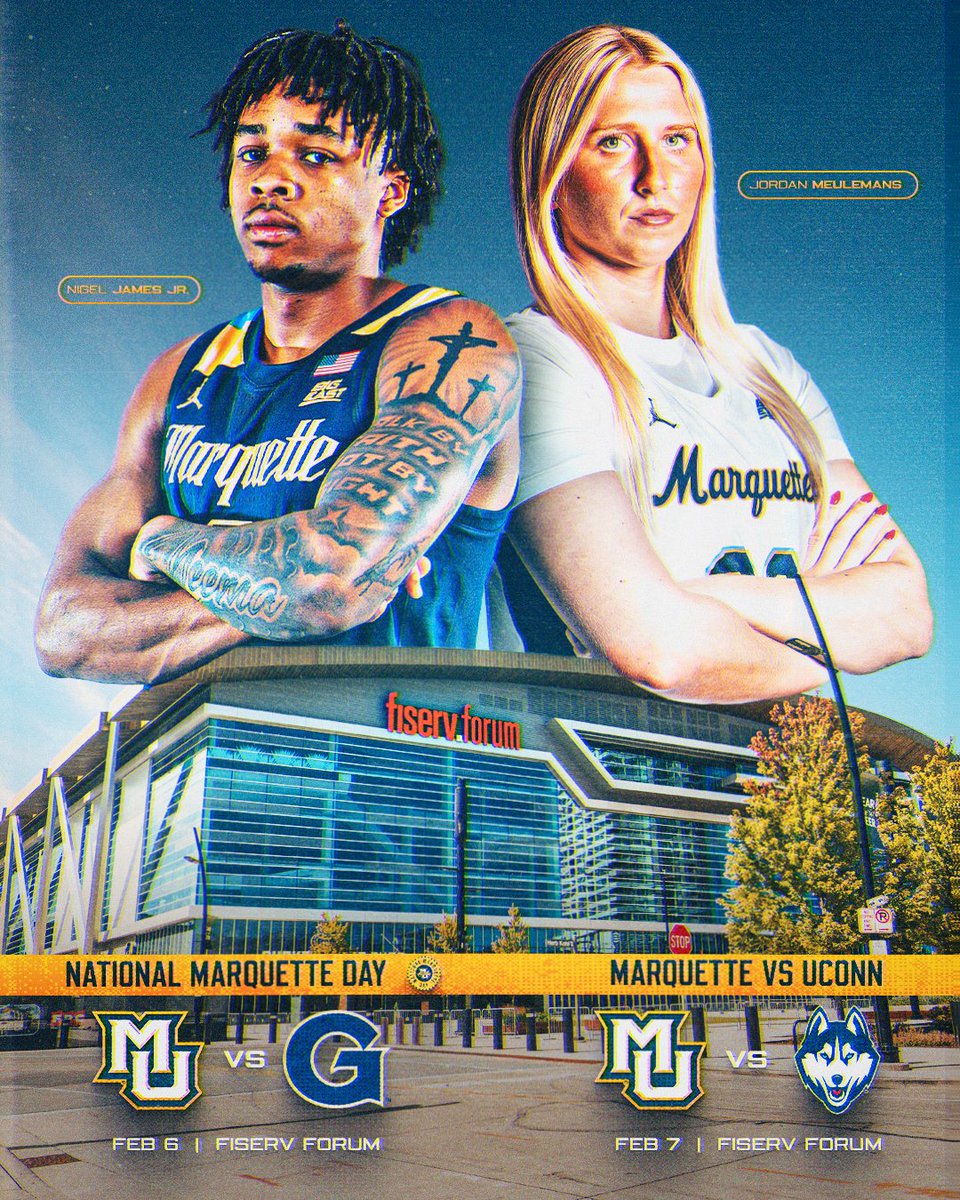 muathletics's tweet photo. One University. One Weekend. 

Celebrate National Marquette Day with @MarquetteMBB on Feb. 6, then pack Fiserv Forum @MarquetteWBB takes on nationally ranked UConn on Feb. 7.

The best way to experience all the action? Secure your season tickets today!

#WeAreMarquette | #MUBB | #MUWBB | @MarquetteU 

BUY TICKETS: https://t.co/vYWOYS2pWf