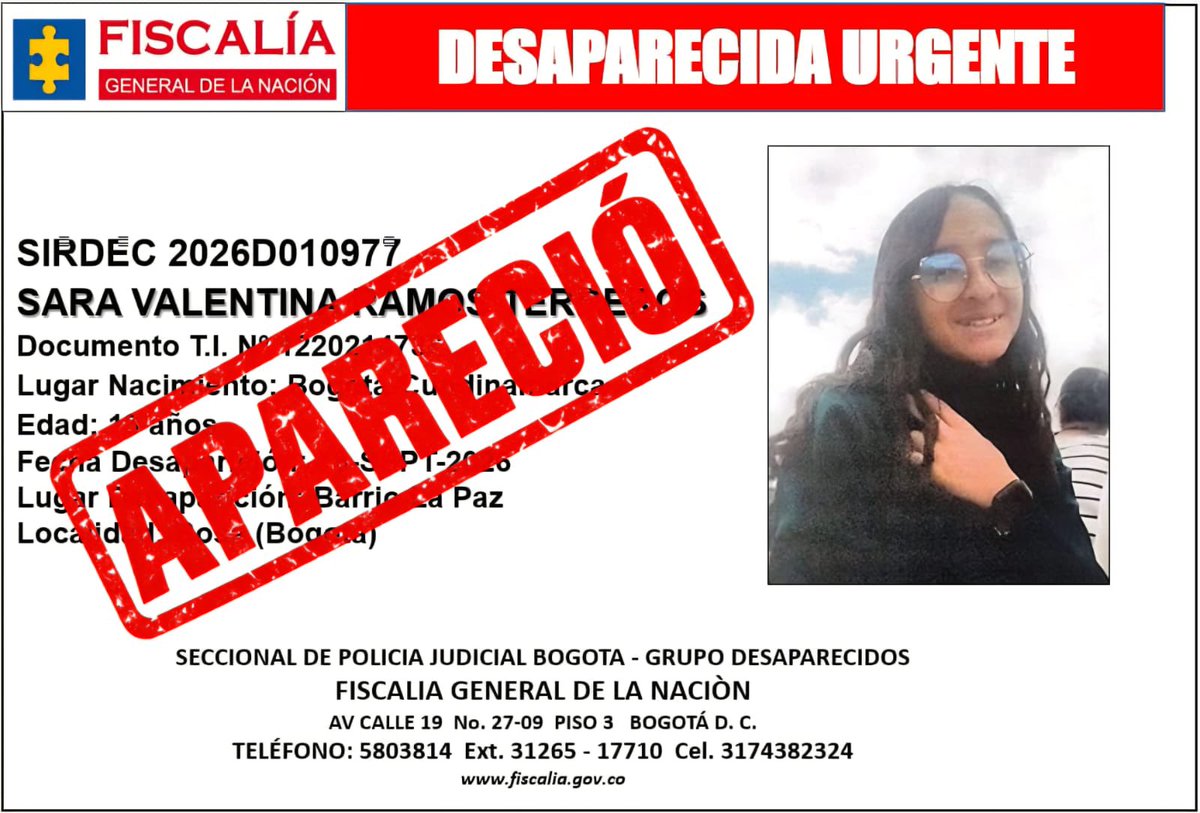 SeguridadBOG's tweet photo. Sara Valentina Ramos Terreros, de 13 años, fue localizada por el CTI de @FiscaliaCol en el parque Los Naranjos, de Bosa, y ya se encuentra con su madre.

Las autoridades activaron los procedimientos de restablecimiento de sus derechos para garantizar su protección. 

Ante una desaparición, reporte de inmediato a las líneas 122 o 123.