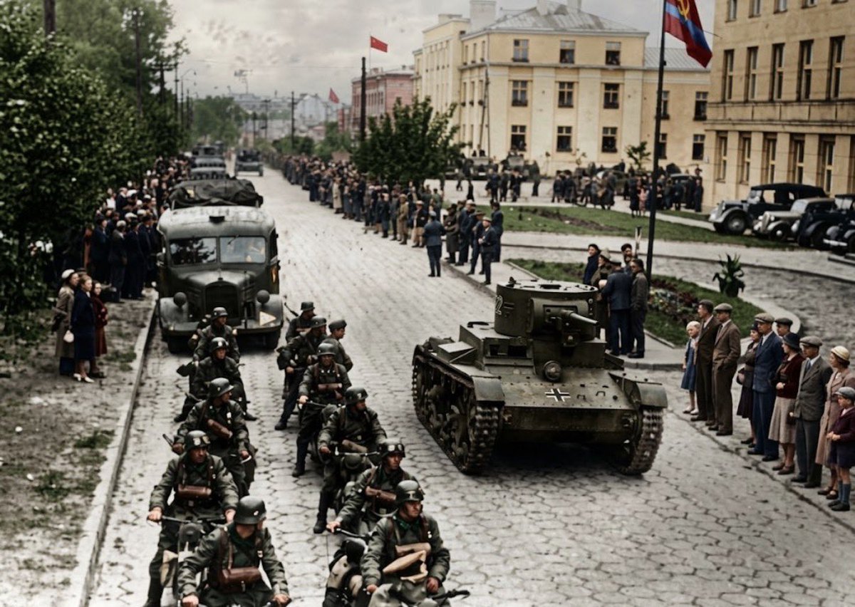 ReidEdwardII's tweet photo. On September 22, 1939, one of the most revealing and stark scenes of the invasion of Poland unfolded in Brest (Brześć). German forces, which had captured the city, formally handed it over to the advancing Red Army. German and Soviet troops then took part in a ceremonial military parade, reviewed by German General Heinz Guderian and Soviet commander Semyon Krivoshein. Photographs from that day remain a stark visual record of the cooperation between Germany and the Soviet Union during the destruction of the Polish state.

The parade was not an accidental meeting between two armies. Less than a month earlier, Germany and the Soviet Union had signed the Molotov - Ribbentrop Pact, whose secret protocol divided much of Eastern Europe into German and Soviet spheres of influence. Germany invaded Poland from the west on September 1; the Soviet Union invaded from the east on September 17. At Brest, the two invasions literally met. The transfer of the city and the presence of both armies together symbolized the partition of Poland that their governments had already agreed upon.

The image is especially powerful in retrospect. Within two years, Hitler and Stalin would become mortal enemies when Germany invaded the Soviet Union, but in September 1939 their regimes were cooperating in the dismantling of Poland. Behind the flags, tanks and marching soldiers lay the beginning of two brutal occupations. Poland had been attacked by two totalitarian powers, yet the Polish nation survived both…