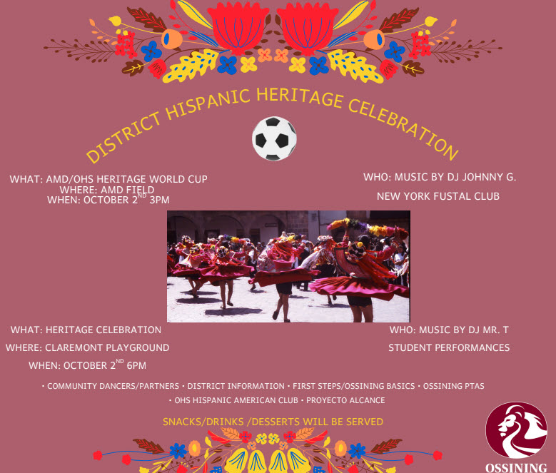 OssiningSchools's tweet photo. Join us on October 2 for music, community connections, and celebration!
AMD/OHS Heritage World Cup
📍 AMD Field | 🕒 3 PM
District Hispanic Heritage Celebration
📍 Claremont Playground | 🕕 6 PM
#opride https://t.co/2APVLdruo9