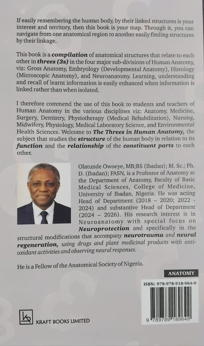 BabzyOmoAgba's tweet photo. For the love of Anatomy, you have to get this book.

I’ve had the privilege of reviewing and reading through The Threes (3) in Human Anatomy, newly published by one of my teachers, Prof. O. Owoeye, the Head, Department of Anatomy @CoMUIIbadan, and I genuinely think Anatomy students should have this book.

What immediately stood out to me is how simple and connected the book makes Anatomy. Rather than presenting structures as isolated facts to cram, it brings related structures together in memorable patterns. 

I honestly never realised there were this many “rules of 3” in Anatomy until I read this book. Using this book will help you see the relationships, not just memorise the structures.

If I were to start Anatomy all over again, this would definitely be one of the books on my daily reading desk. But even now, it is not too late. I believe that, as students doing health-related courses, Anatomy continues to follow you into Radiology, Surgery, and virtually every clinical speciality, and having a stronger grasp of the underlying anatomy can only make those subjects easier to understand.

If you are currently learning Anatomy or you simply want to strengthen the Anatomy you already know, get yourself a copy.

👌🏽👌🏽👌🏽
You’ll thank me later.