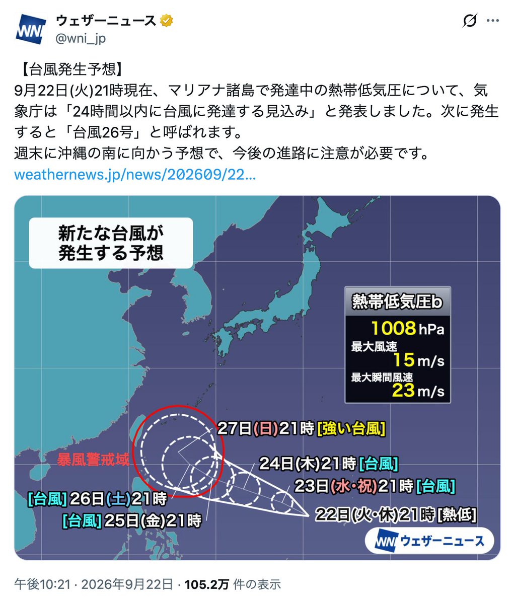 amasehimika147's tweet photo. どうやらまた的中するみたいですね。

9月23日(オラクル)

コード117「台風発生」

【台風発生予想】
9月22日(火)21時現在、マリアナ諸島で発達中の熱帯低気圧について、気象庁は「24時間以内に台風に発達する見込み」と発表しました。次に発生すると「台風26号」と呼ばれます。 https://t.co/Ms6WKNPFsz