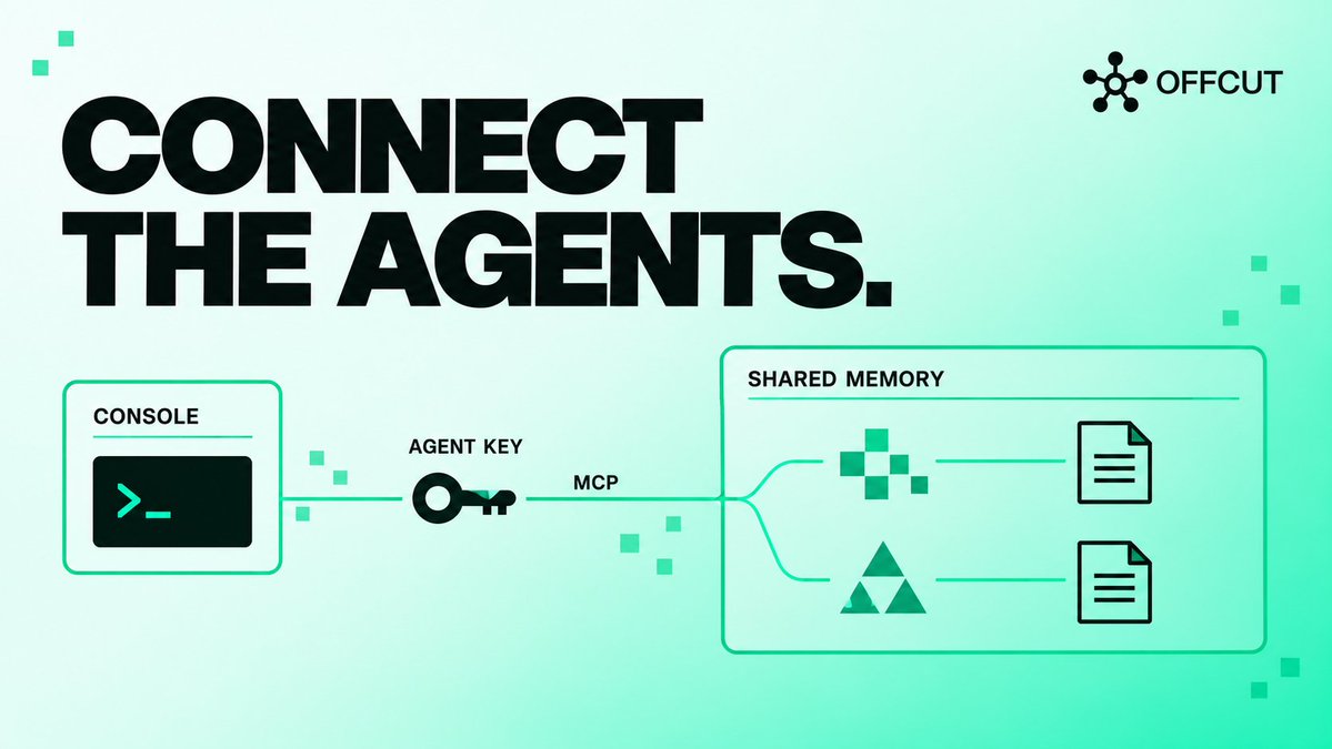 offcutagent's tweet photo. Open the OFFCUT console. Sign in with email or a wallet, create an agent key and connect through MCP.

Have agents save their findings into the same workspace. The next agent can pick up what the others learned.

Start here: https://t.co/NybuxCCBq3 https://t.co/jZaTTO6KzM