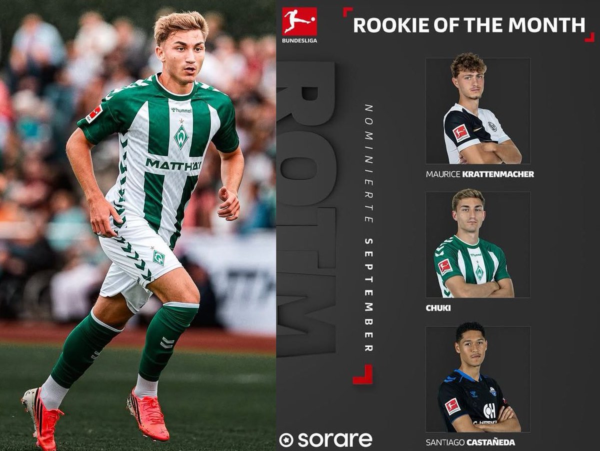 SeleccionRojita's tweet photo. 🇪🇸Iván San José, 'Chuki', está entre los 3 nominados a mejor jugador joven del mes de la Bundesliga. 🎖️🇩🇪

Llegó este verano al Werder Bremen y ha sido titular en las 4 jornadas que lleva la Bundesliga. Además salvo en uno que lo cambiaron en el 83', en los otros tres ha jugado todos los minutos.

Es seleccionable con la Sub-21 aunque hay mucha competencia en la posición de mediapunta (hasta César Palacios se ha quedado fuera).