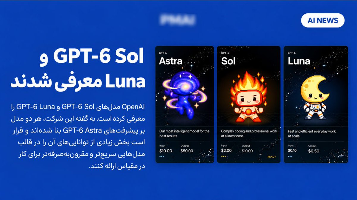Alinemati_pm's tweet photo. شرکت OpenAI مدل‌های GPT‑6 Sol و GPT‑6 Luna را معرفی کرده است. به گفته این شرکت، هر دو مدل بر پیشرفت‌های GPT‑6 Astra بنا شده‌اند و قرار است بخش زیادی از توانایی‌های آن را در قالب مدل‌هایی سریع‌تر و مقرون‌به‌صرفه‌تر برای کار در مقیاس ارائه کنند. https://t.co/sqXsdZt15Y
