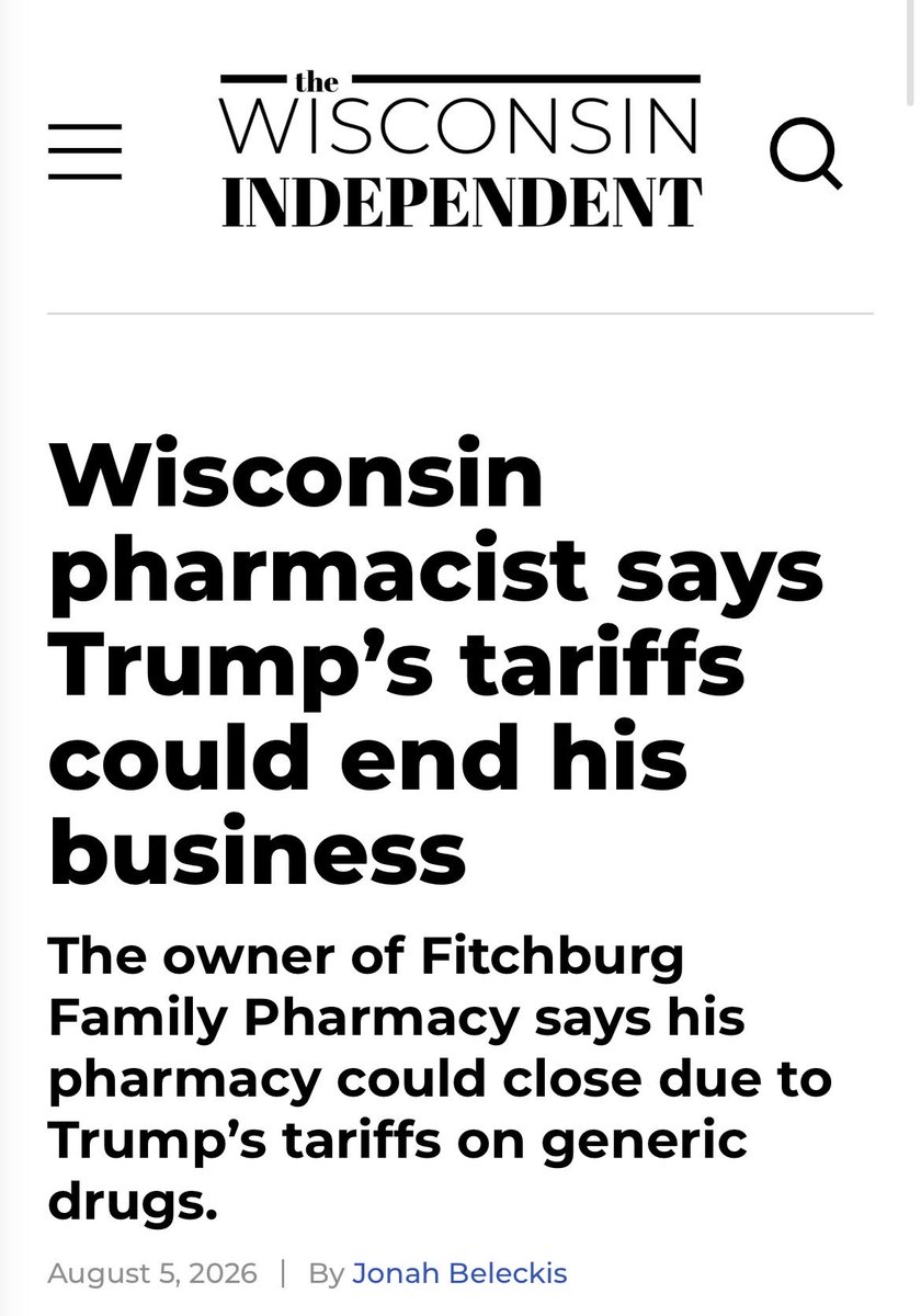 emilybstuckey_'s tweet photo. What a great question! Here’s what Tom Tiffany did in Congress:

Tiffany supported tariffs on prescription medications which would raise prices and and put even more financial pressure on local pharmacies https://t.co/4Mlf0skzqZ