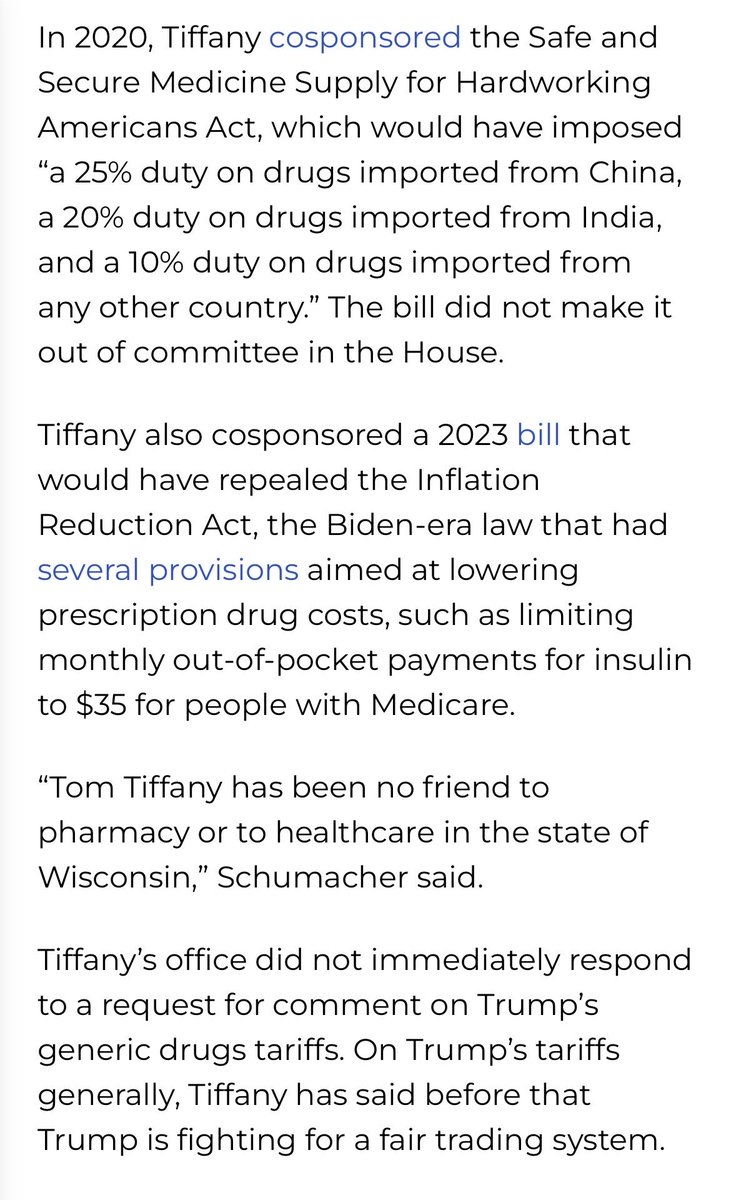emilybstuckey_'s tweet photo. What a great question! Here’s what Tom Tiffany did in Congress:

Tiffany supported tariffs on prescription medications which would raise prices and and put even more financial pressure on local pharmacies https://t.co/4Mlf0skzqZ
