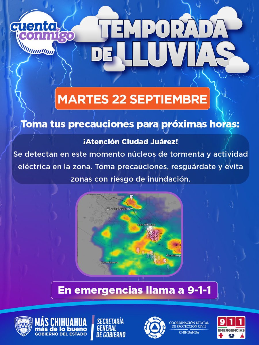 CEPC_Chih's tweet photo. ¡Atención Ciudad Juárez!
Se detecta nubosidad con pronóstico de tormenta y actividad eléctrica. En la próxima hora,  la nubosidad  se dirigirán hacia la zona urbana con trayectoria de Sureste a Noroeste.
Resguárdate , evita zonas con riesgos de inundación repentina. https://t.co/V3OUJZTCcY