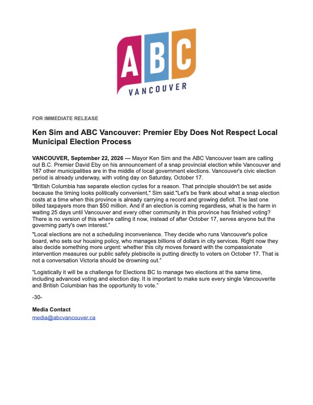 KenSimCity's tweet photo. Please see my statement regarding David Eby’s announcement of a provincial election. https://t.co/Lcmcp7xJUO
