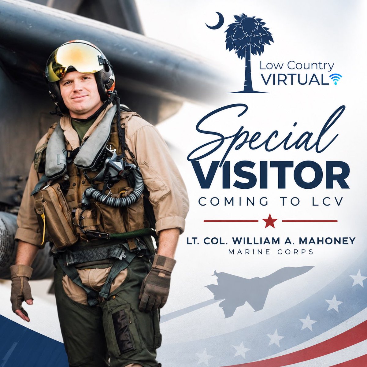 LCVirtualSchool's tweet photo. 🇺🇸 We’re excited to welcome a very special guest to Low Country Virtual! Lt. Col. William A. Mahoney, Marine Corps, will be joining our students for a special visit! ✈️ #LCVLeads #OnlineLearning https://t.co/oy89zxvU3C