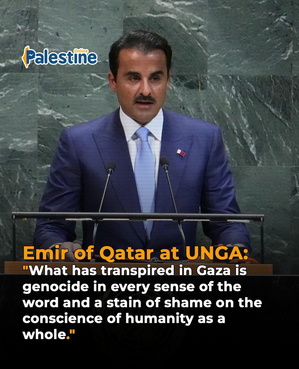 OnlinePalEng's tweet photo. At the UN General Assembly, the Emir of Qatar declared: “What has transpired in Gaza is genocide in every sense of the word and a stain of shame on the conscience of humanity as a whole. https://t.co/9f2r7FktIA