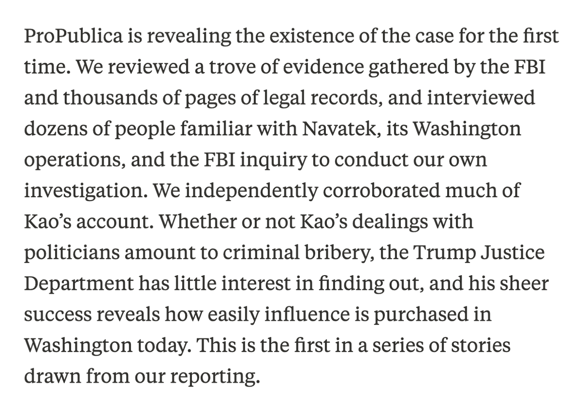 propublica's tweet photo. Senator Collins’ office says we “took the word of someone who pled guilty,” but ProPublica conducted its own investigation of the former CEO’s assertions. We have the receipts.

Our reporters independently corroborated much of the account by former Navatek CEO Martin Kao by reviewing a trove of evidence, legal records and interviewing dozens of people. And we reported that anti-corruption agents at the FBI were asking questions about Susan Collins as recently as late 2024. But after the reelection of President Trump, the FBI and DOJ teams handling public corruption probes were dismantled.

Here is the full story:
https://t.co/8Rx3utdHBJ