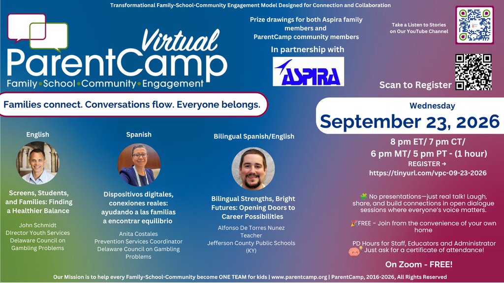 ParentCamp's tweet photo. Families connect. Conversations flow. Everyone belongs! Join September Virtual ParentCamp with ASPIRA Delaware on Sept. 23. Free conversations in English, Spanish or both! Details:  https://t.co/Hj0gpNGahT #ParentCamp #VirtualParentCamp https://t.co/tcqZXQOaTa