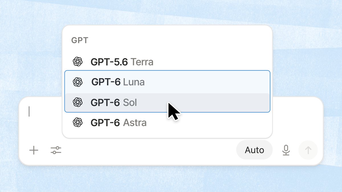 Two more for the model picker. → GPT-6 Luna → GPT-6 Sol Rolling out now. 📷