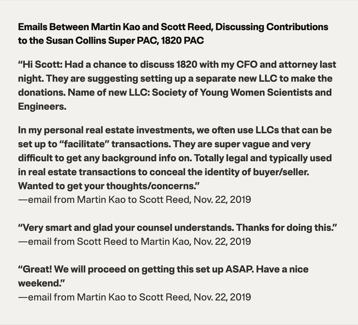 propublica's tweet photo. Senator Collins’ office says we “took the word of someone who pled guilty,” but ProPublica conducted its own investigation of the former CEO’s assertions. We have the receipts.

Our reporters independently corroborated much of the account by former Navatek CEO Martin Kao by reviewing a trove of evidence, legal records and interviewing dozens of people. And we reported that anti-corruption agents at the FBI were asking questions about Susan Collins as recently as late 2024. But after the reelection of President Trump, the FBI and DOJ teams handling public corruption probes were dismantled.

Here is the full story:
https://t.co/8Rx3utdHBJ