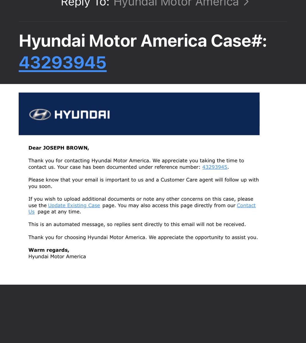 Josephthebrown1's tweet photo. We will see if this produces anything. Has anyone else had this experience with @Hyundai ? https://t.co/SOK70X2tjT