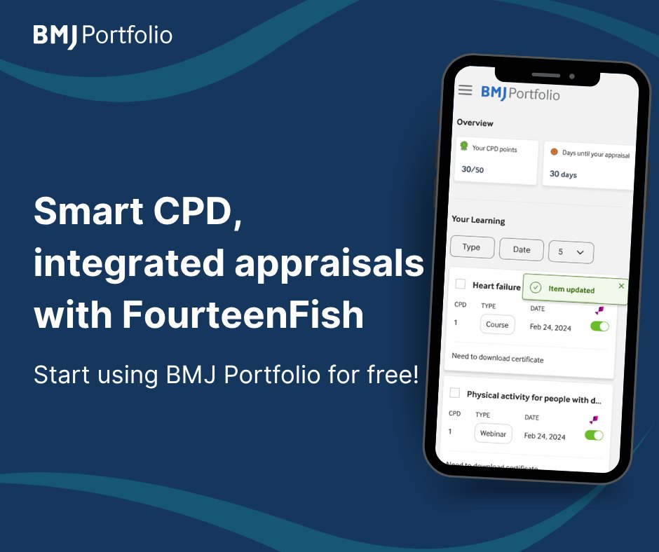 BMJLearning's tweet photo. BMJ Portfolio takes the friction out of CPD tracking. Log your learning effortlessly ahead of your appraisals and skip the manual re-entry entirely.

Thanks to our seamless FourteenFish integration, your entries sync automatically behind the scenes.

One click. Zero manual uploads. Total peace of mind.

Use BMJ Portfolio for free 👉 https://t.co/lhRboNyevS