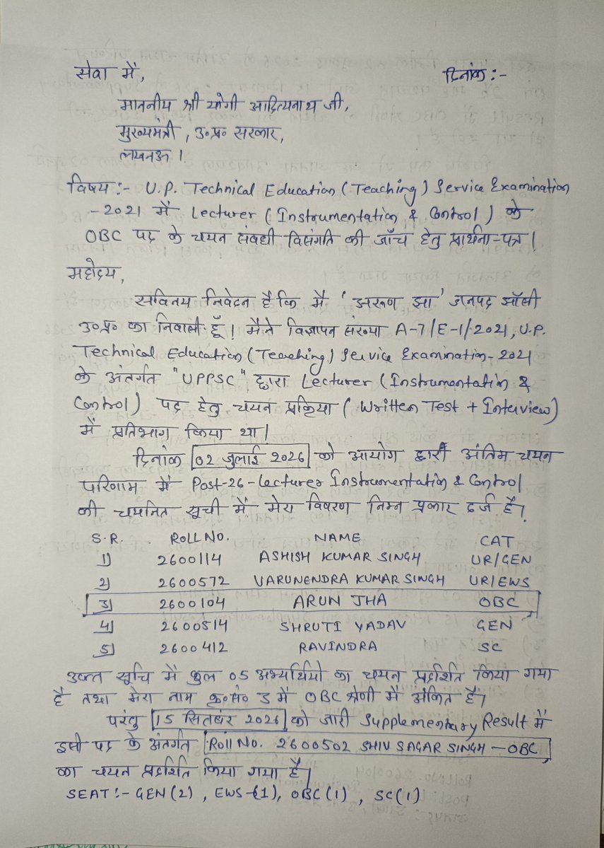 9532726681's tweet photo. @myogiadityanath विज्ञापन संख्या A-7/E-1/2021 के अंतर्गत U.P. Technical Education (Teaching) Service Examination-2021 में Lecturer (Instrumentation &amp; Control Engineering) के OBC पद पर मेरे चयन के संबंध में उत्पन्न विसंगति की निष्पक्ष जाँच एवं न्यायोचित कार्यवाही हेतु प्रार्थना-पत्र। https://t.co/8mBLU40qf2
