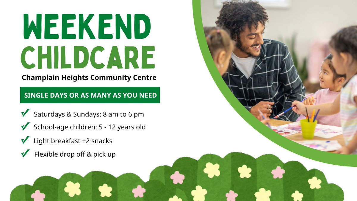 ParkBoard's tweet photo. Weekend childcare is available at Champlain Heights Community Centre 🌞

Flexible childcare for children ages 5–12. Choose a single Saturday or Sunday, or register for as many days as you need!

🔗 Learn more and register at https://t.co/Nrw6Vk10vO https://t.co/2VCyYURLIT
