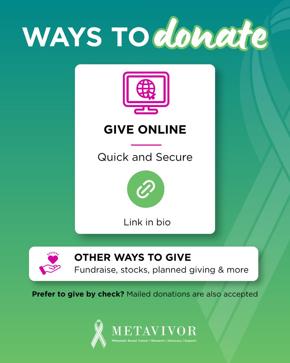 metavivor's tweet photo. With October approaching, we want to make it easy to support METAvivor and metastatic breast cancer research.

The easiest and fastest way to give is online.
Every gift makes a difference.

Learn more: https://t.co/SG2m49OTkC
Donate now: https://t.co/T3iLG709Q9 https://t.co/tFAOocQVPB