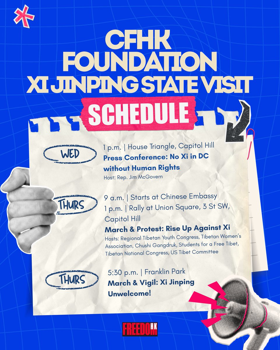 thecfhk's tweet photo. As Xi Jinping arrives in Washington this week, the @thecfhk Foundation will be joining partners across the city to make sure the case of Jimmy Lai and Hong Kong's political prisoners stays at the center of the conversation. Here is where you can find us this week and get involved.