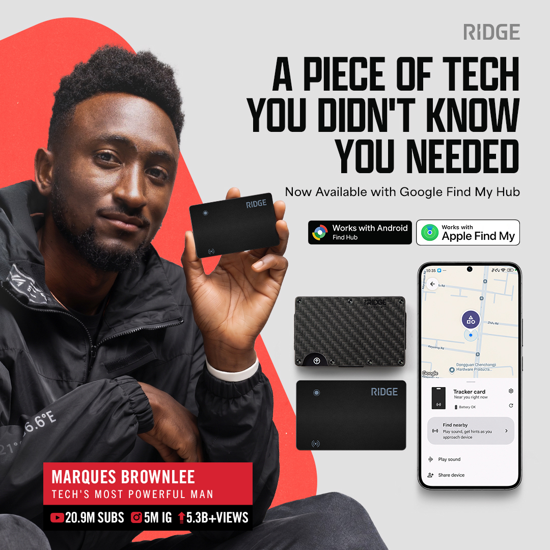 ridgewallet's tweet photo. The Ridge Tracker Card now runs on Apple Find My and Google Find Hub, and is certified on both. Card-thin, recharges on any MagSafe or Qi charger, 10 months per charge. Whatever phone is in your pocket, your carry stays findable.