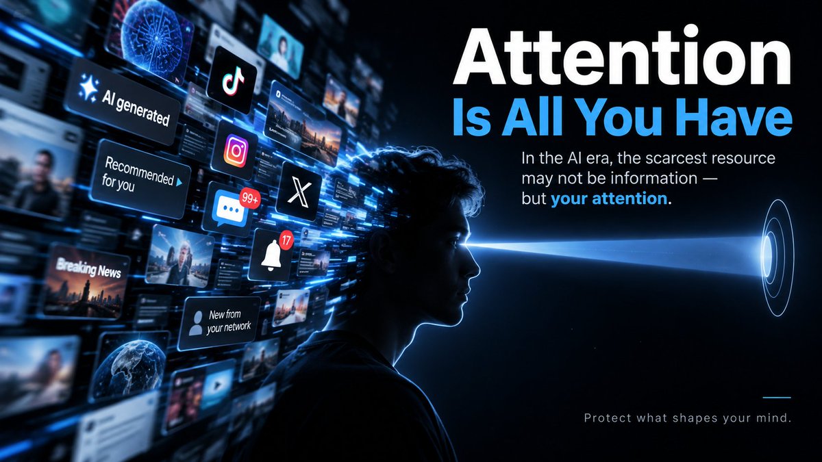 Martin34302's tweet photo. Attention may be the most scarce resource in the AI era.
Not information.
Not content.
Not even intelligence.
We already have more of all three than we can process.
What’s scarce is the ability to decide:
what deserves your attention — and what doesn’t.
Recommendation feeds, notifications, short videos, AI-generated content, endless summaries — all compete to shape what you see, think about, and remember.
And that matters because:
what you repeatedly pay attention to eventually shapes how you think.
The next important AI skill may not be prompting.
It may be protecting your attention.
