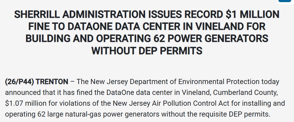 alexfromNJ's tweet photo. This is big: @NewJerseyOAG and @NewJerseyDEP are teaming up to take action against the illegally operating Vineland data center.

Whether $1m is enough for a wealthy corporation to take this seriously is to be seen. But the threat of further actions just might do the trick... https://t.co/OnEGGxFFMd