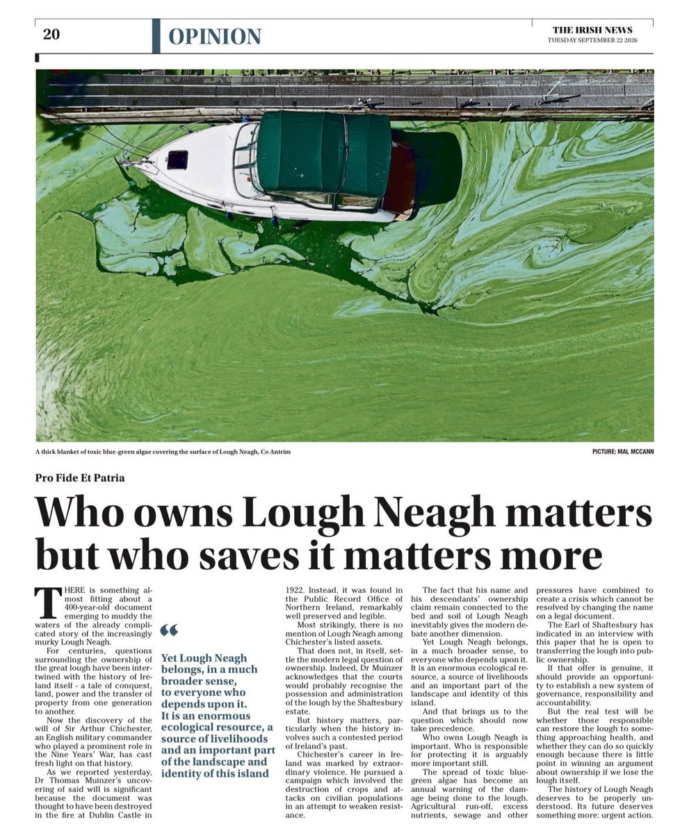 LMuinzer's tweet photo. Thoughtful leader article from the Irish News today on ownership and environmental problems ongoing at the UK's largest freshwater lake, #LoughNeagh! https://t.co/R8xrnXFGhR
