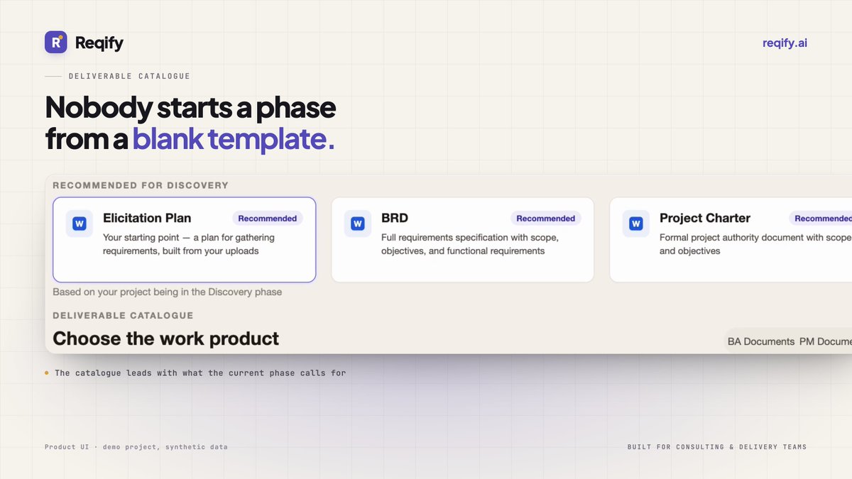 reqifyai's tweet photo. Kickoff is done. What do you produce first?

On discovery it's usually an elicitation plan, then requirements, then stories. Consultants carry that order in their head.

Reqify puts what the phase calls for at the top, written from the project.

(Demo project, synthetic data.) https://t.co/pY7yJtfu9Z