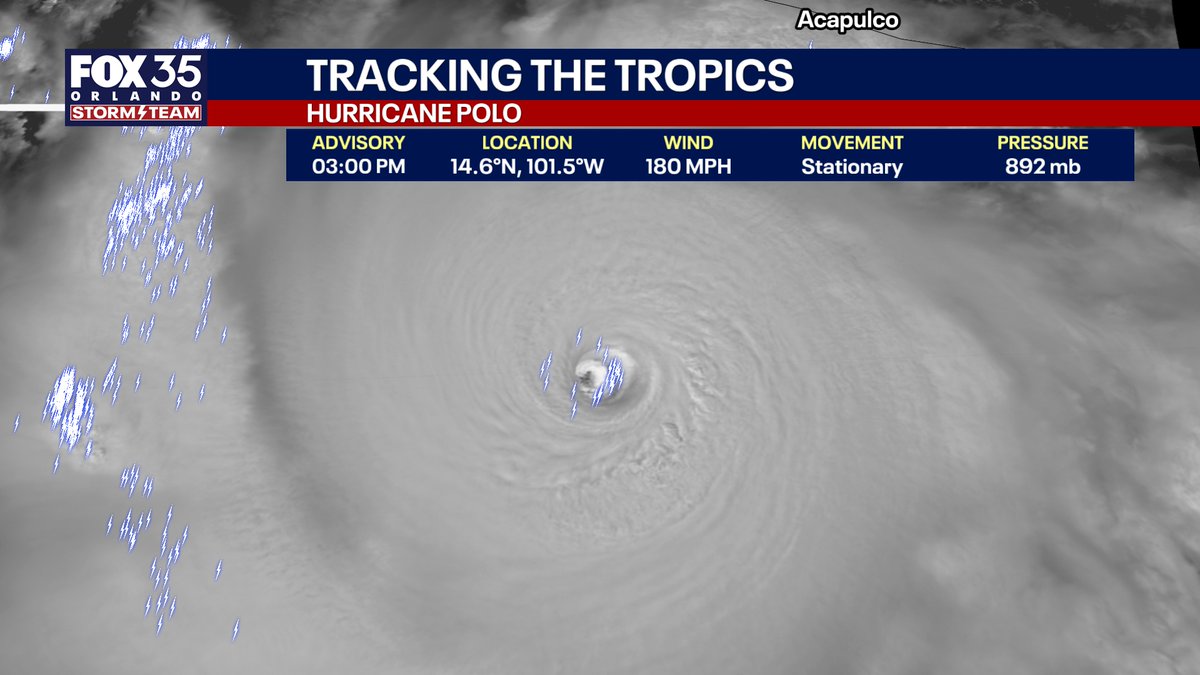 NbergWX's tweet photo. PROLIFIC POLO: This hurricane has explosively intensified Tuesday into one of the strongest hurricanes in the eastern Pacific Ocean ever recorded.

Sustained winds: 180 MPH with gusts to 220 MPH in the eyewall.

Look at the tremendous lightning around the eye, which is nearly stationary. This intense of a Category 5 hurricane if remaining still will "upwell" a lot of water and eventually weaken itself slightly unless it starts moving.

Strongest east Pacific hurricanes by pressure:
872 mb -- Patricia (2015) 
892 mb -- Polo (2026)*
902 mb -- Linda (1997)
906 mb -- Rick (2009)