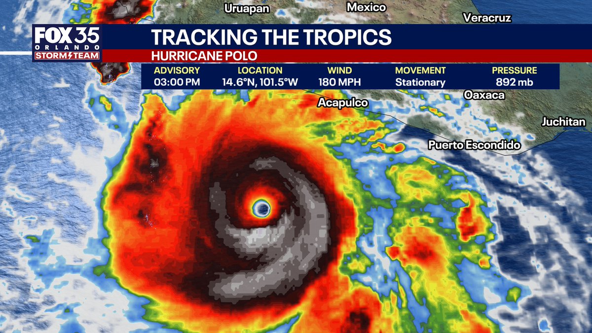 NbergWX's tweet photo. PROLIFIC POLO: This hurricane has explosively intensified Tuesday into one of the strongest hurricanes in the eastern Pacific Ocean ever recorded.

Sustained winds: 180 MPH with gusts to 220 MPH in the eyewall.

Look at the tremendous lightning around the eye, which is nearly stationary. This intense of a Category 5 hurricane if remaining still will "upwell" a lot of water and eventually weaken itself slightly unless it starts moving.

Strongest east Pacific hurricanes by pressure:
872 mb -- Patricia (2015) 
892 mb -- Polo (2026)*
902 mb -- Linda (1997)
906 mb -- Rick (2009)