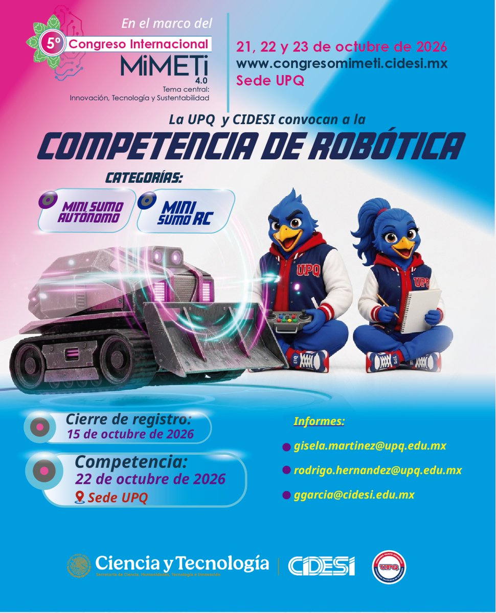 UPQoficial's tweet photo. Tu robot 🤖 contra el ring. ¿Quién se queda de pie?

Si lo tuyo es la robótica, la estrategia y los retos, esta competencia es para ti. 👀

Prepárate para el Mini Sumo Autónomo y Mini Sumo RC, demuestra tus habilidades y lleva tu robot hasta el límite.

1/2 https://t.co/LKsvvvMZQi