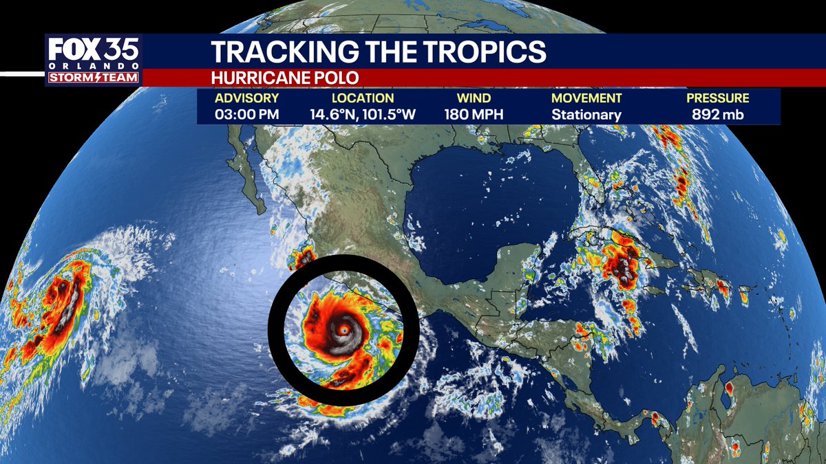 NbergWX's tweet photo. PROLIFIC POLO: This hurricane has explosively intensified Tuesday into one of the strongest hurricanes in the eastern Pacific Ocean ever recorded.

Sustained winds: 180 MPH with gusts to 220 MPH in the eyewall.

Look at the tremendous lightning around the eye, which is nearly stationary. This intense of a Category 5 hurricane if remaining still will "upwell" a lot of water and eventually weaken itself slightly unless it starts moving.

Strongest east Pacific hurricanes by pressure:
872 mb -- Patricia (2015) 
892 mb -- Polo (2026)*
902 mb -- Linda (1997)
906 mb -- Rick (2009)