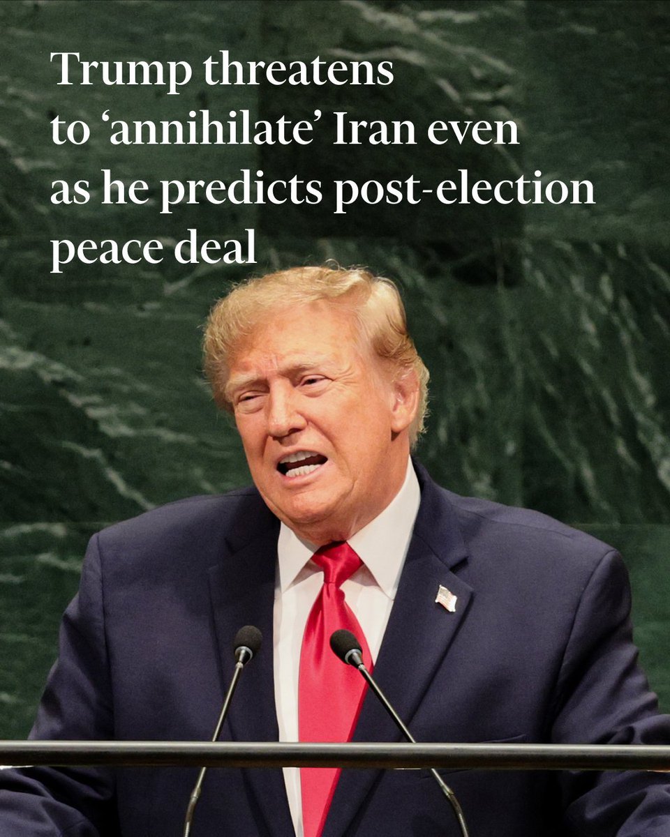 mZbay_soylevol's tweet photo. Trump’s UN speech today was basically him hitting the gas and the brakes at the same time.

On one hand: he’s open to meeting Iran’s president if the conditions are right.
On the other: he said he could “annihilate the Islamic Republic” if he has to.
And then the quiet part: any real deal might have to wait until after the midterms in November.

Markets heard that and went, yeah… that’s a vibe.
Talks are still on the table, so oil didn’t explode.
But the threat is also still on the table, so nobody’s fully relaxing either.

That’s why the tape looks so messy right now. Tech is still riding the AI wave. Energy and banks? Not so much. Investors want the Strait of Hormuz open again, but they also have to price in the fact that Trump can flip the script whenever he feels like it.

One-liner: the door isn’t locked. He’s just still holding the keys.