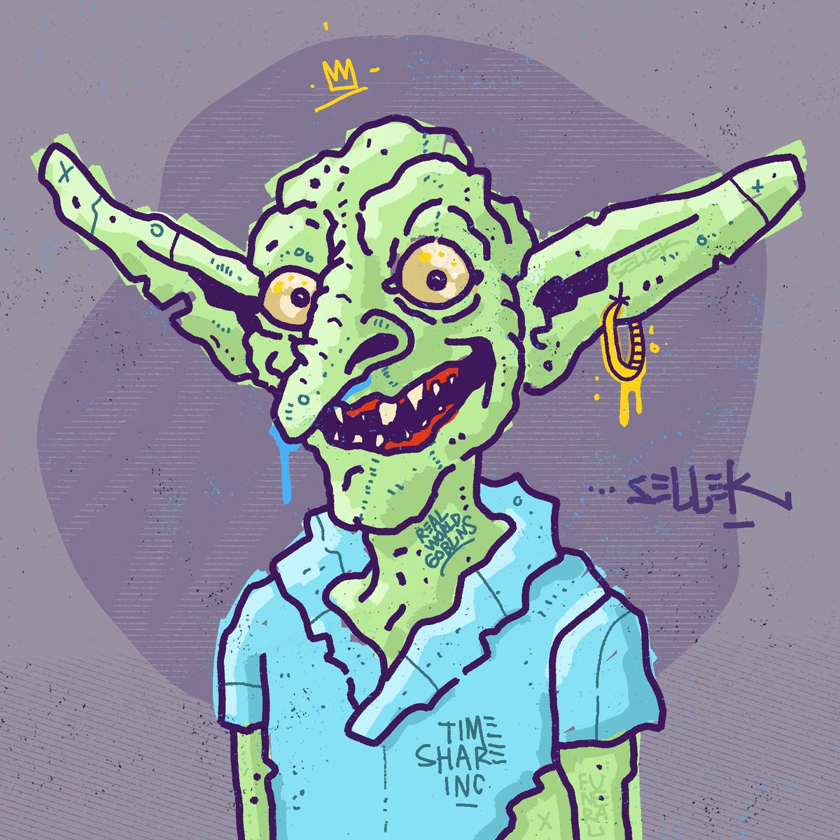SellekArt's tweet photo. I did a lil Time Share selling Goblin for @RWGoblins because I fkking love goblins, alright? -,-,- ,-  - -..., Would you buy a RobinHood prime estate Time Share from this slimy mofo? Also, follow that project for an amazing sounding NFT experience ------ https://t.co/FnhGtIiNgP