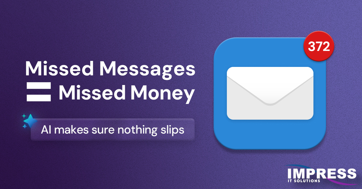 ImpressITS's tweet photo. Missed messages = Missed money.💸📷 

AI makes sure nothing slips .

Most missed messages aren’t intentional. They happen because teams are busy.

But when messages go unanswered, trust erodes long before a deal is lost.

AI helps ensure messages are seen, prioritized and routed correctly, so conversations don’t fall through the cracks.

Ready to boost response rates and protect customer trust? Contact us to find out how AI can help.

https://t.co/gmSuUzqbrm
281-647-9977

#AIBusiness #CustomerTrust