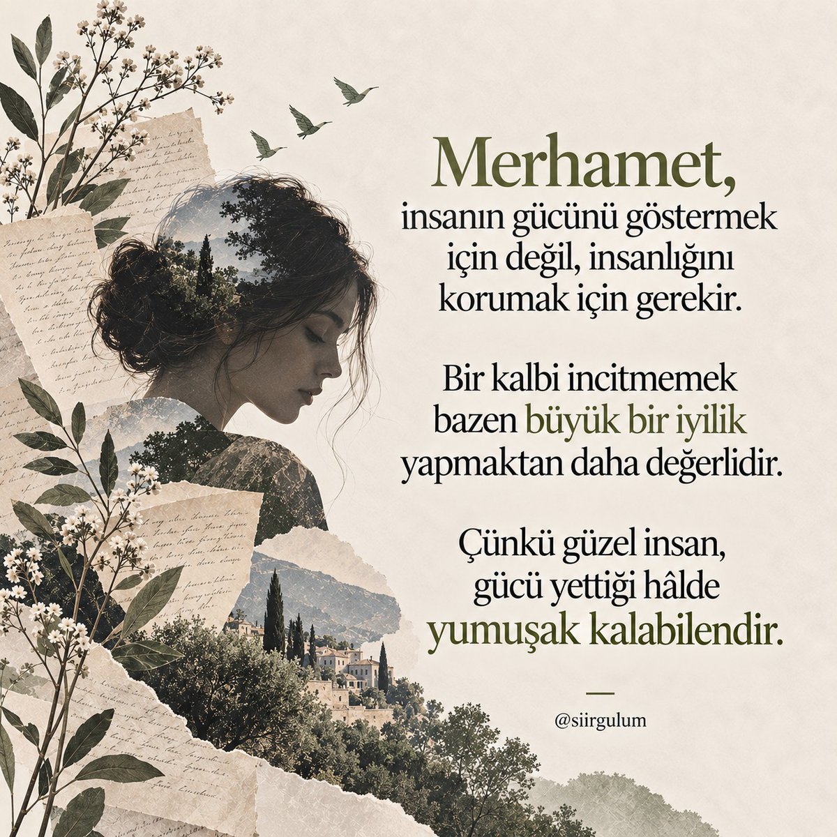 siirgulum's tweet photo. Merhamet, insanın gücünü göstermek için değil, insanlığını korumak için gerekir.

Bir kalbi incitmemek bazen büyük bir iyilik yapmaktan daha değerlidir.

Çünkü güzel insan, gücü yettiği hâlde yumuşak kalabilendir. https://t.co/pqgNSXCNcr